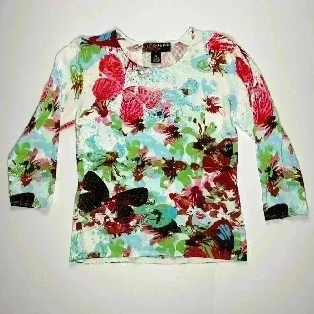 Peck & Peck Floral and Butterfly Sequined Blouse Size Medium